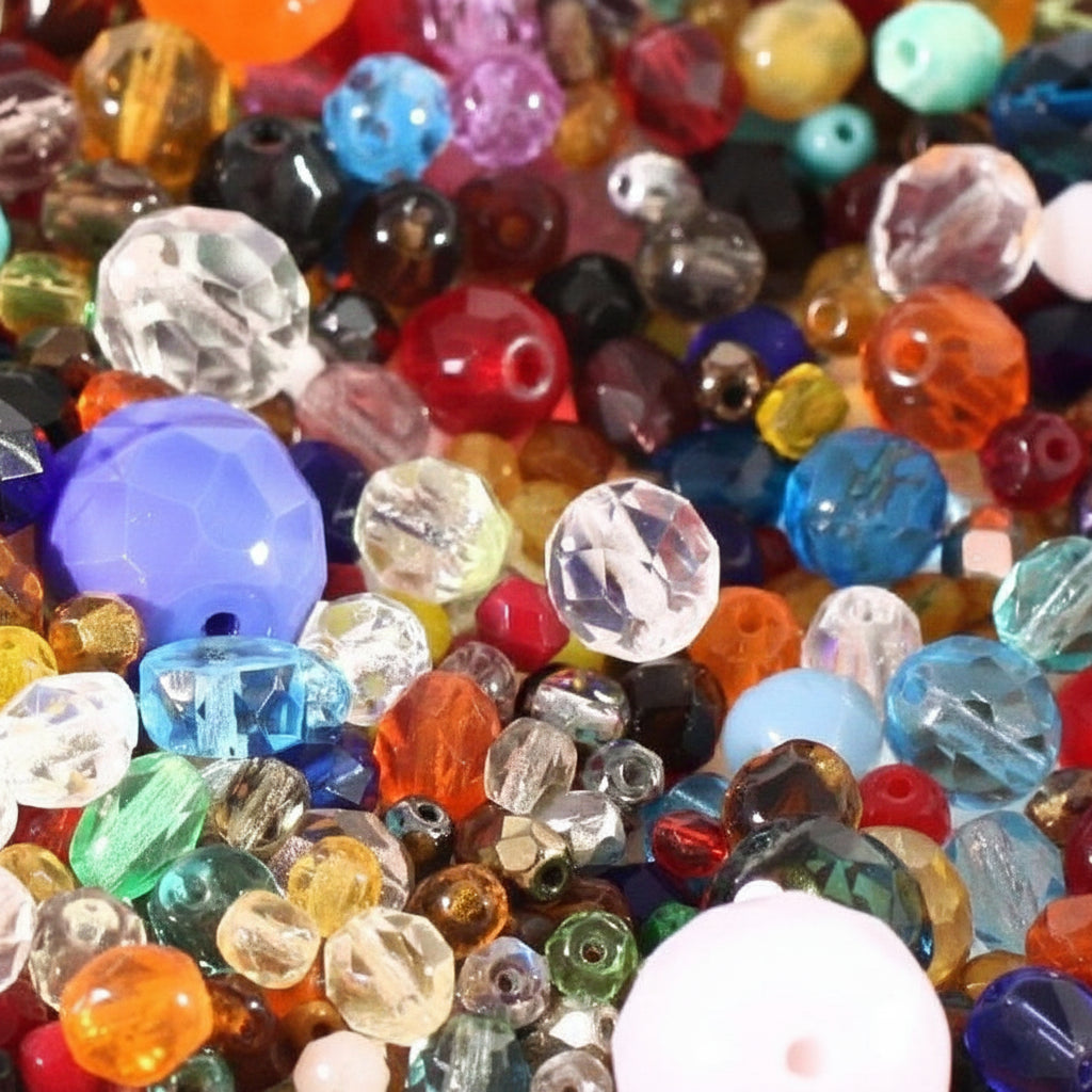 A dense pile of colorful faceted craft beads in many sizes and colors, including clear, blue, purple, red, orange, green, yellow, and white, filling the entire frame.