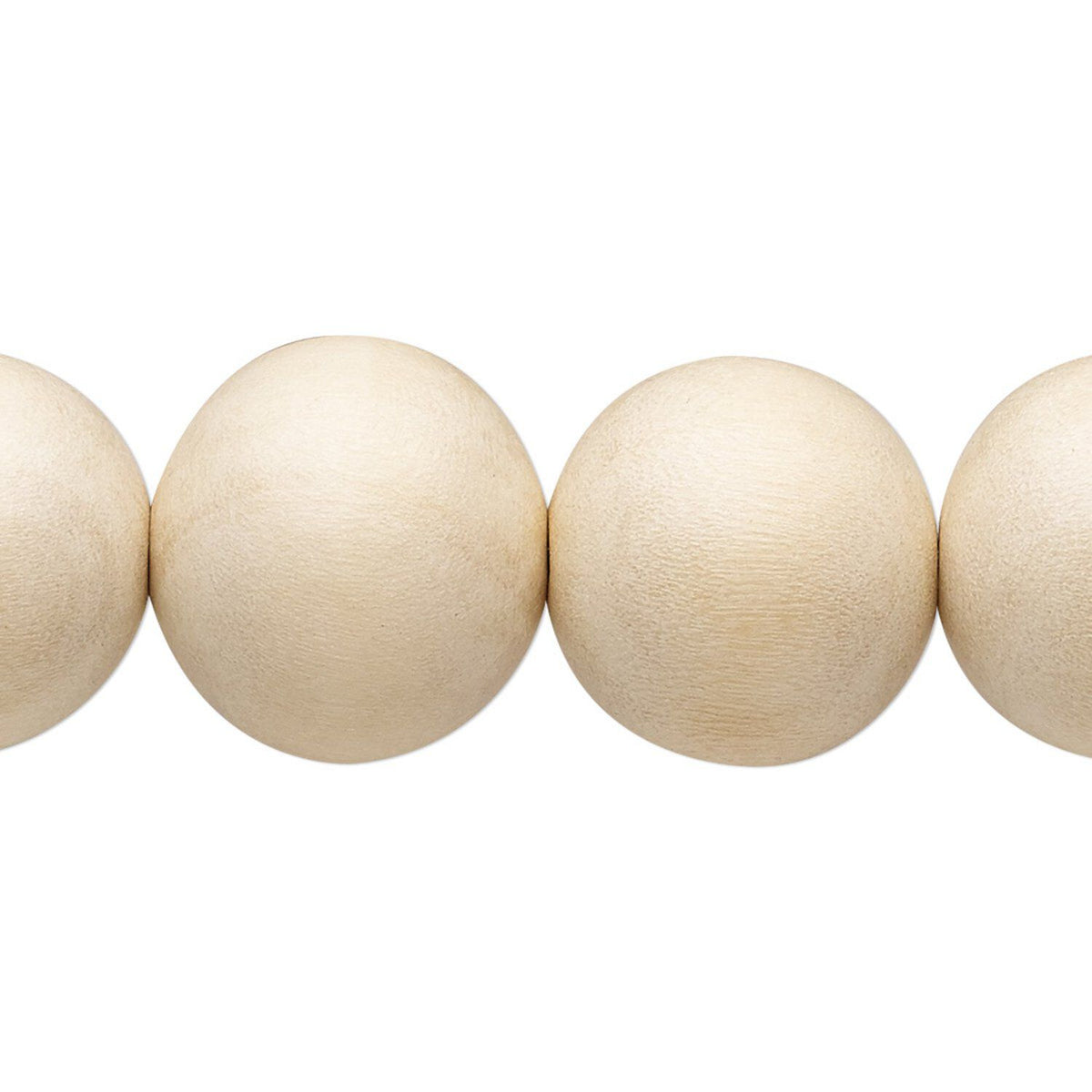 A close-up of a string of natural light wood beads, showing the smooth, rounded oval shape of each bead against a plain white background.