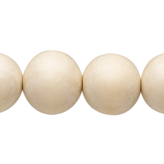 A close-up of a string of natural light wood beads, showing the smooth, rounded oval shape of each bead against a plain white background.