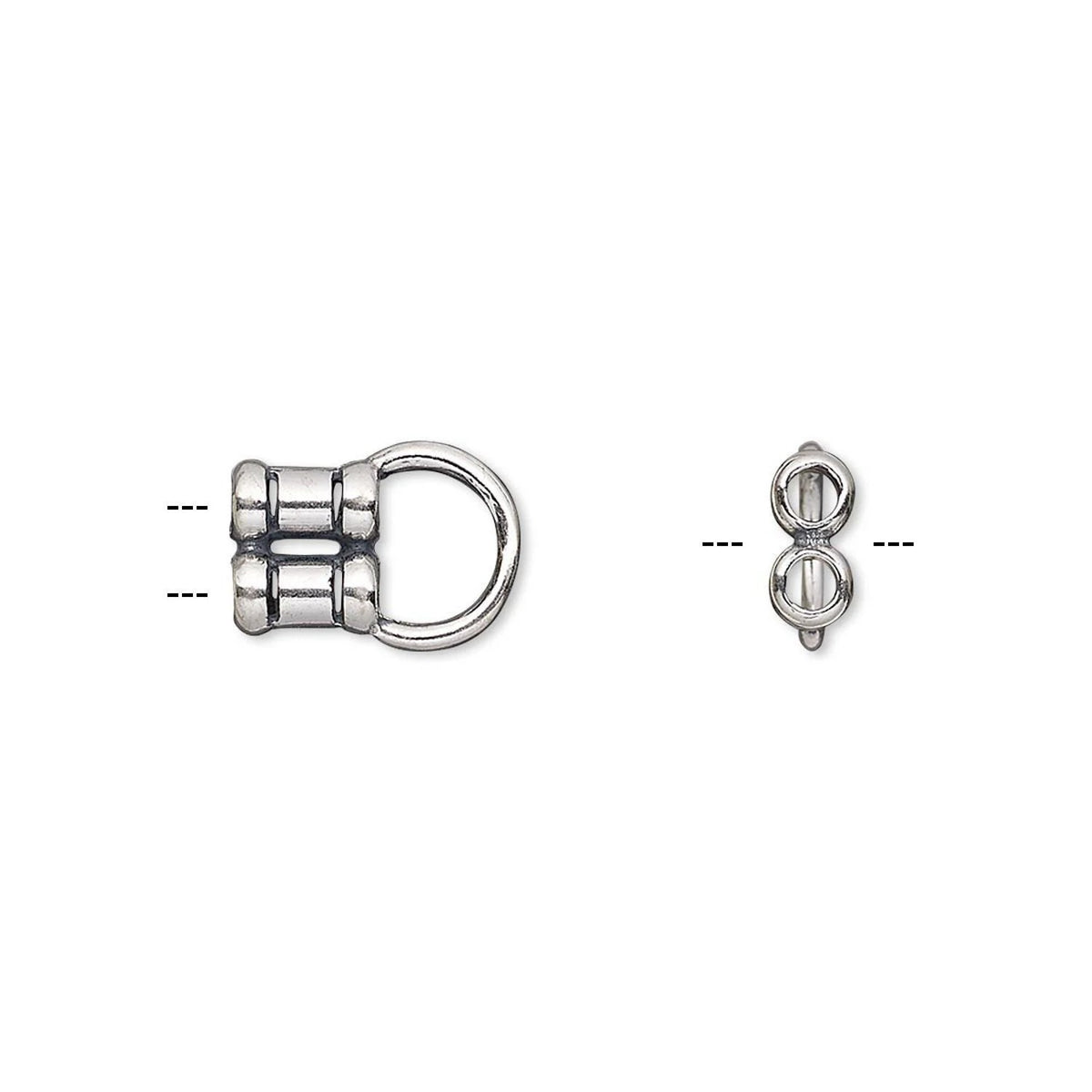 A silver-toned metal jewelry finding, shown from two angles: a side view featuring a cylindrical barrel clasp mechanism connected to a ring, and a top-down view showing the back of the clasp. Both views are displayed on a clean white background