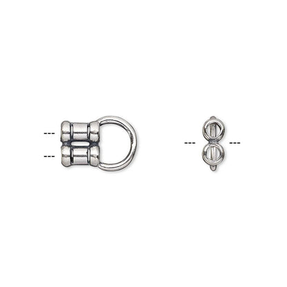 A silver-toned metal jewelry finding, shown from two angles: a side view featuring a cylindrical barrel clasp mechanism connected to a ring, and a top-down view showing the back of the clasp. Both views are displayed on a clean white background