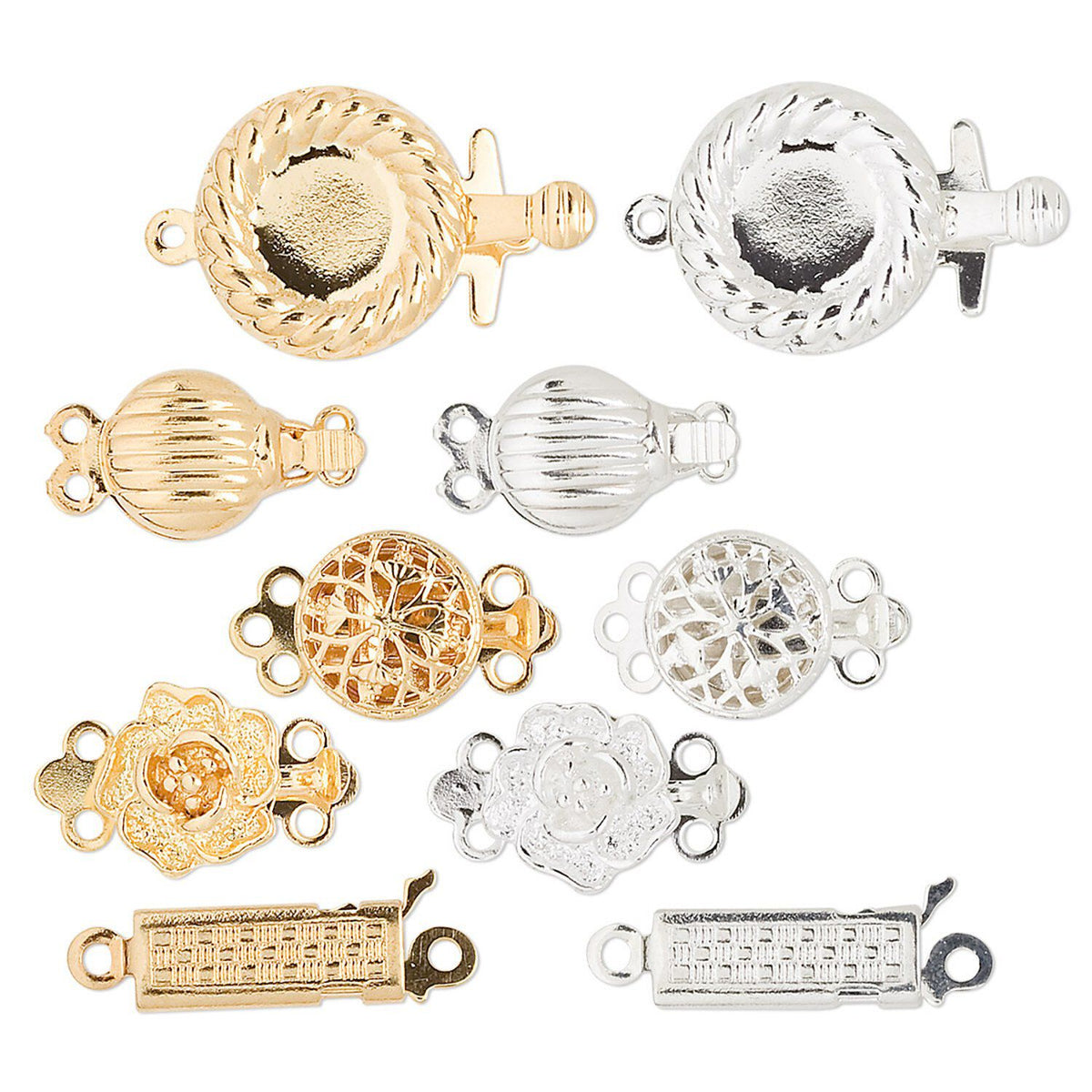 jewelry finding clamps in both gold and silver finishes, arranged on a plain white background. The set includes various shapes such as round, oval, floral, and rectangular with textured, ribbed, and twisted details.