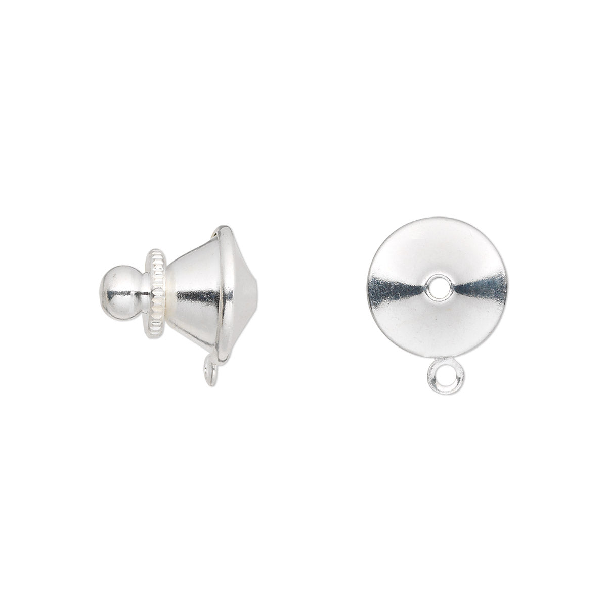 Silver metal stud earrings shown from two angles: a side view on the left and a flat top-down view on the right, on a plain white background.