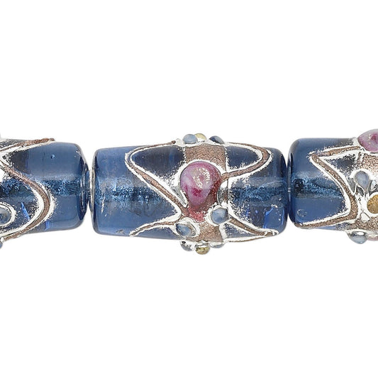 Blue and silver artisan glass beads with a pink floral accent, shown on a white background with a single bead detail below.