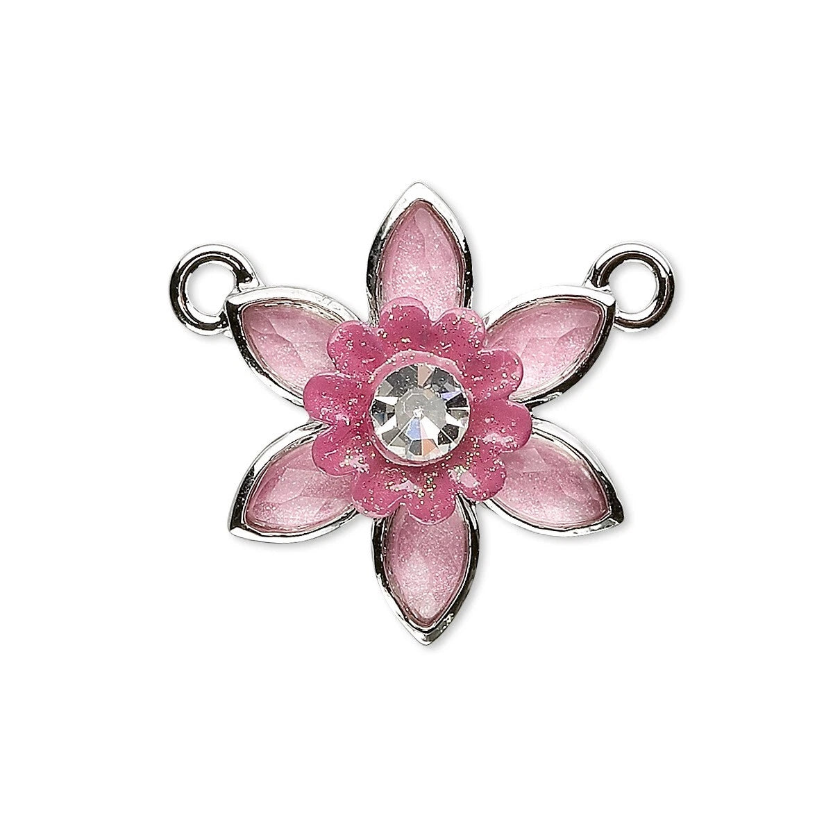 A pink and silver flower-shaped jewelry charm with a clear rhinestone in the center and two hanging loops on the sides, shown on a plain white background.