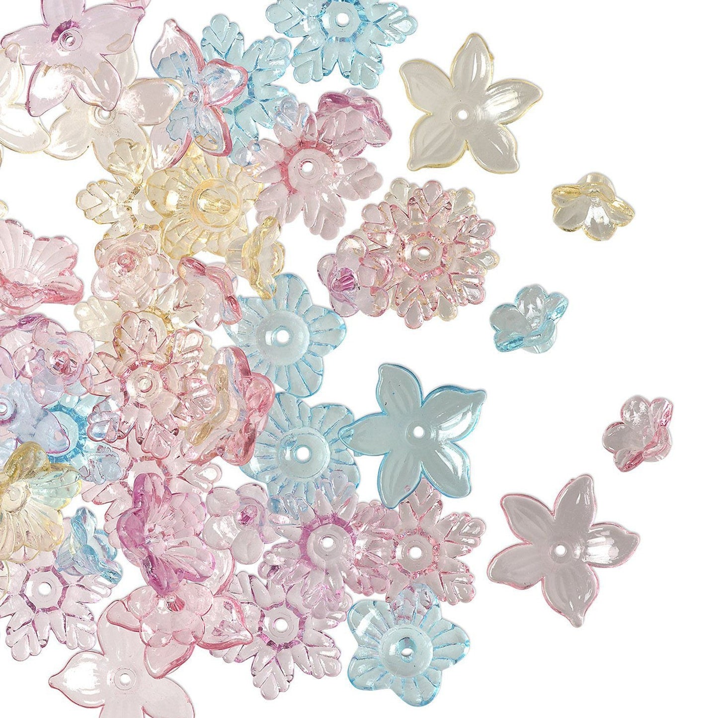 A collection of translucent plastic flower-shaped craft beads in pastel pink, light blue, pale yellow, and clear white, scattered on a plain white background.