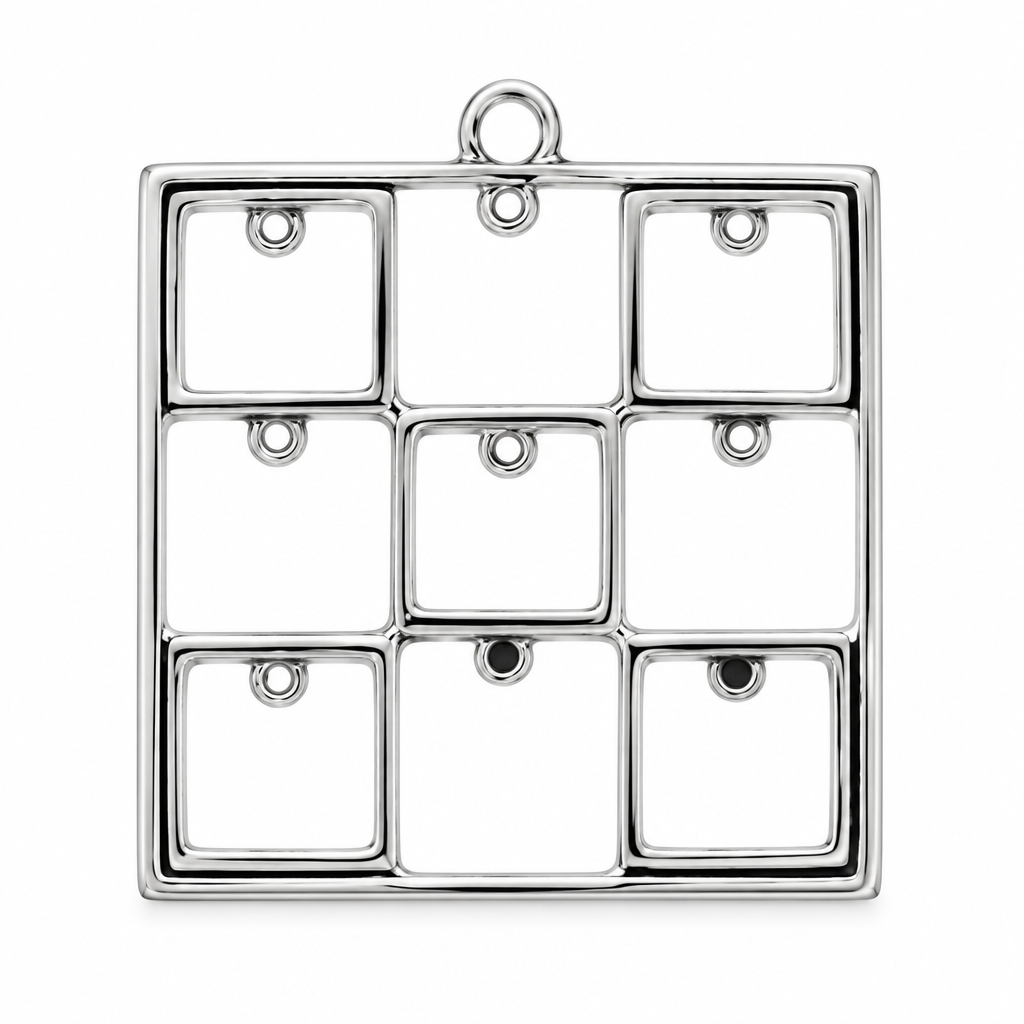 A polished silver-tone metal pendant featuring a 3x3 grid of nine empty square compartments, each with a small loop at the top, and a hanging loop at the top center, shown on a plain white background.
