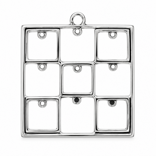 A polished silver-tone metal pendant featuring a 3x3 grid of nine empty square compartments, each with a small loop at the top, and a hanging loop at the top center, shown on a plain white background.