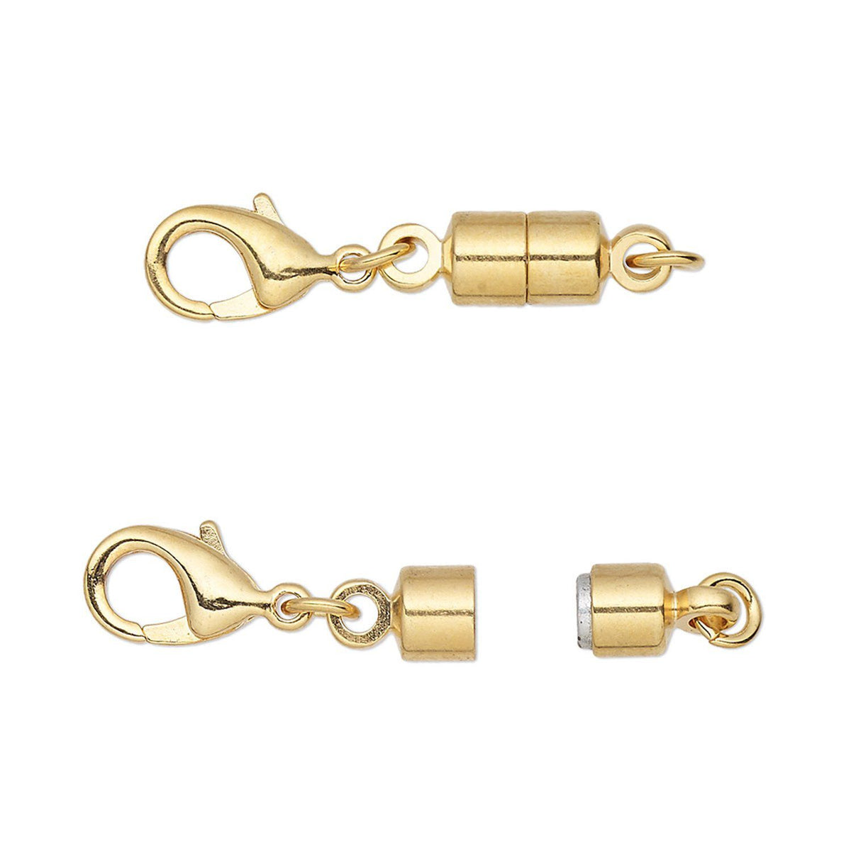 Three gold-toned metal lobster clasp and cylindrical ring connectors shown on a plain white background, with one piece assembled at the top and two disassembled pieces below.