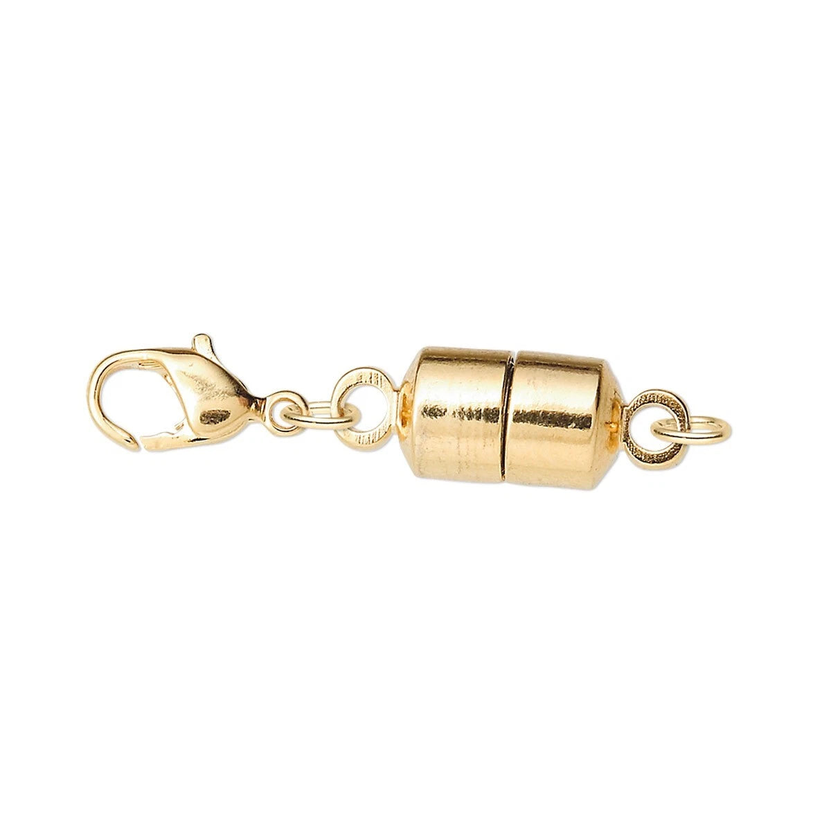 A gold-finished jewelry clasp component featuring a lobster claw, two small connecting rings, and a cylindrical split-top bead, shown on a plain white background.