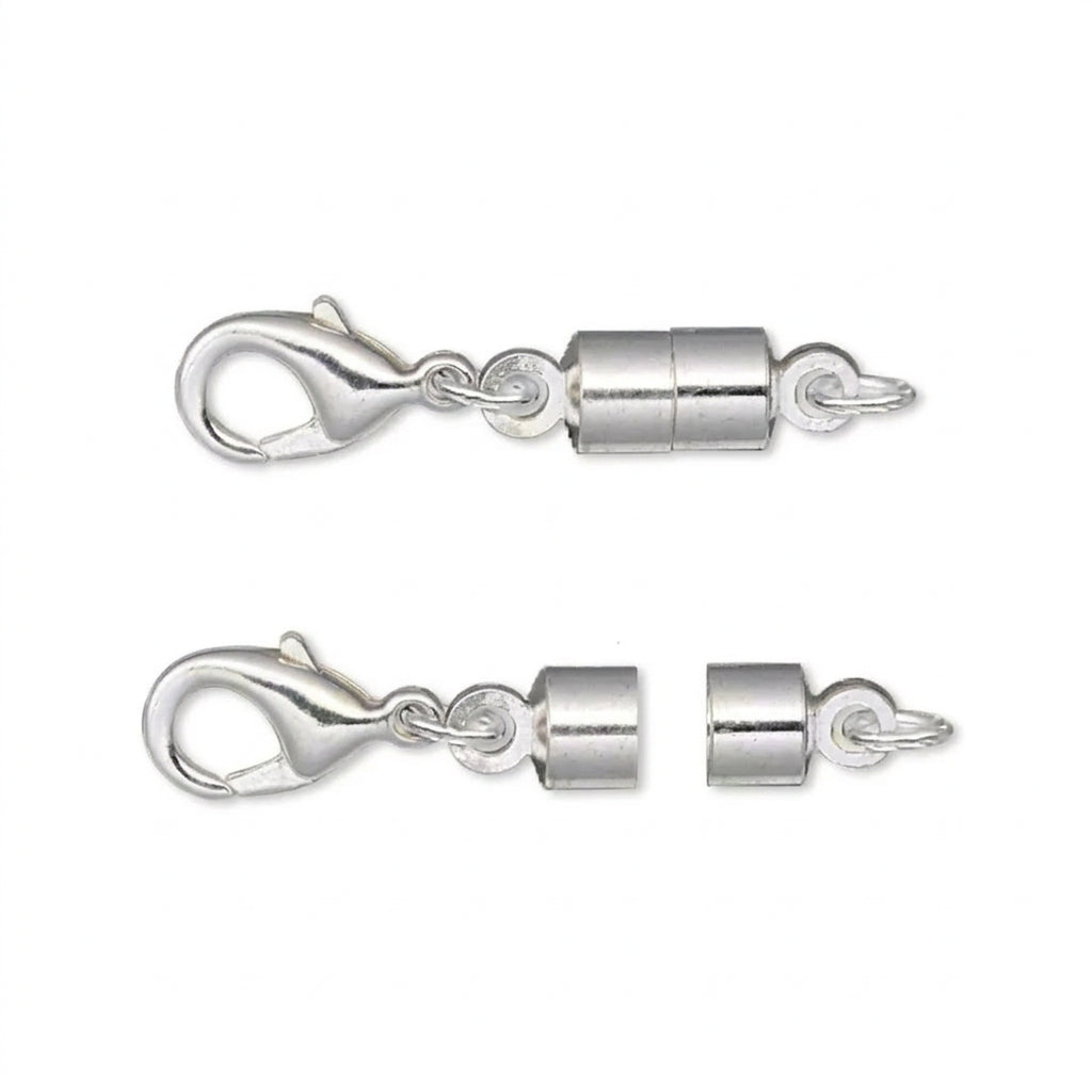 Two silver-toned lobster clasp swivel connectors shown on a plain white background, with one assembled at the top and one separated into two pieces at the bottom.