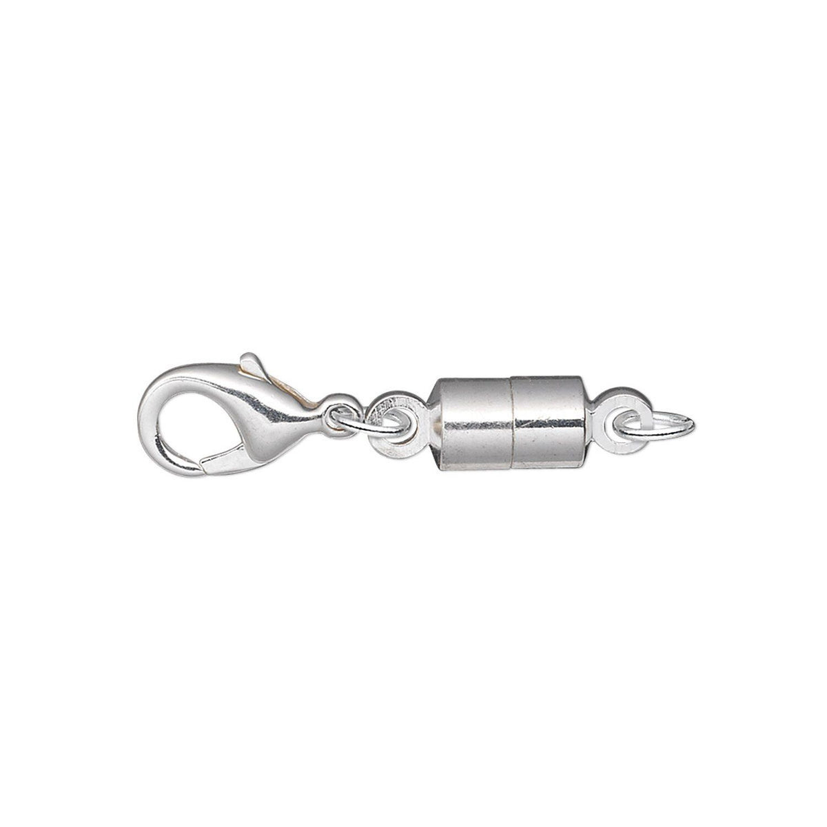 A polished silver-toned metal lobster clasp with a cylindrical swivel connector and a small ring, shown on a plain white background.