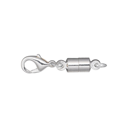 A polished silver-toned metal lobster clasp with a cylindrical swivel connector and a small ring, shown on a plain white background.