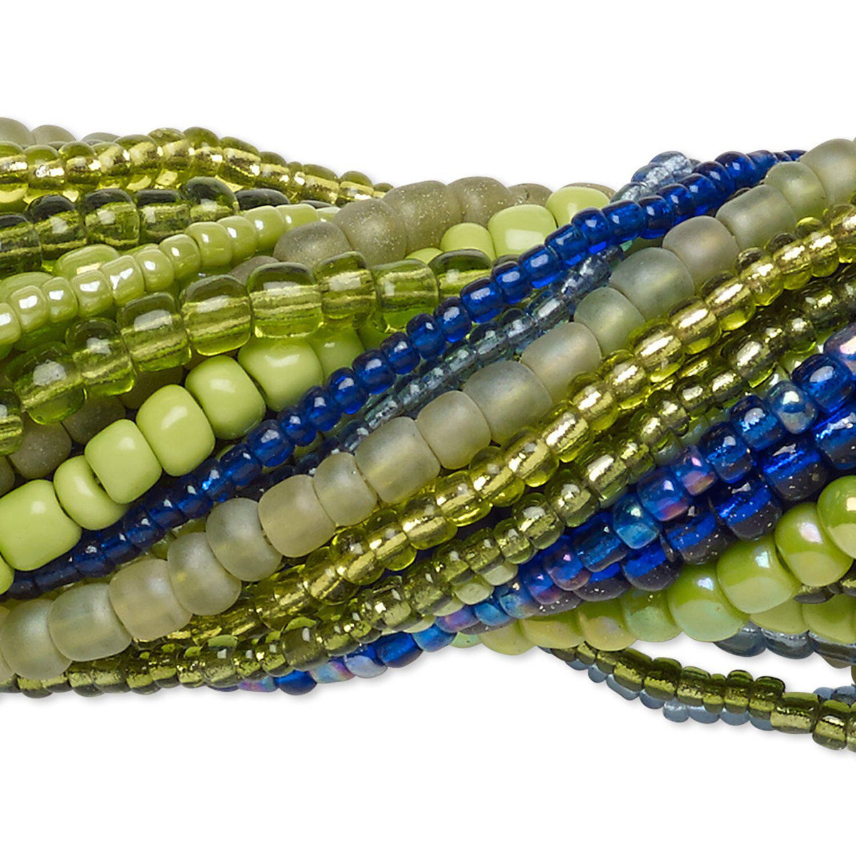 Multiple strands of faceted beads in olive green, lime green, translucent blue, and frosted gray, arranged in a bundle on a white background.
