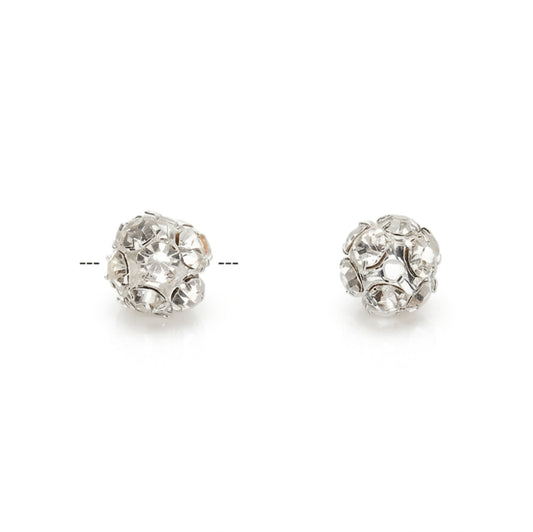 A pair of silver-toned ball BEADS with clear rhinestones, shown against a plain white background.