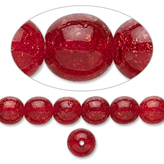 Red translucent glass beads shown in a close-up oval detail view and as a strand, on a plain white background.