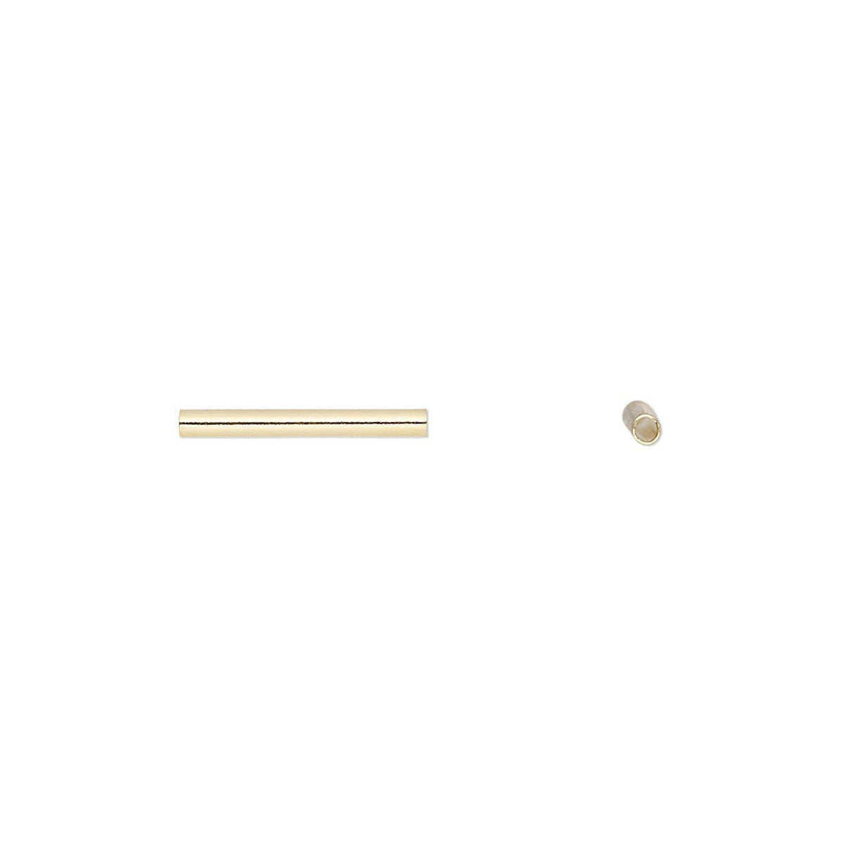 A pair of  gold beads on a plain white background, consisting of a straight cylindrical rod and a small cylindrical cap or end piece.