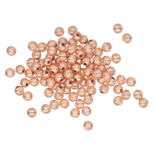 Clear-Coated Solid Copper Corrugated Round Beads, 3mm