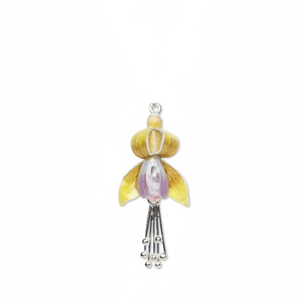 A decorative hanging charm or pendant featuring a yellow flower