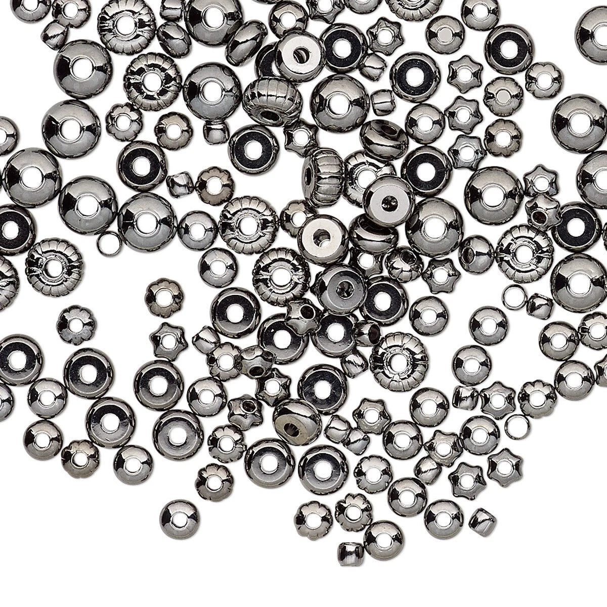 A pile of metallic gunmetal spacer beads in various shapes including round, star, and flower, scattered on a plain white background.