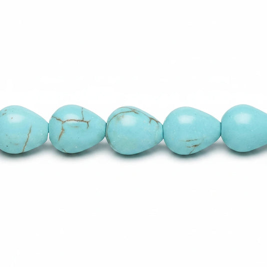 A close-up of a strand of teardrop-shaped turquoise beads with natural brown matrix veining, shown against a plain white background.