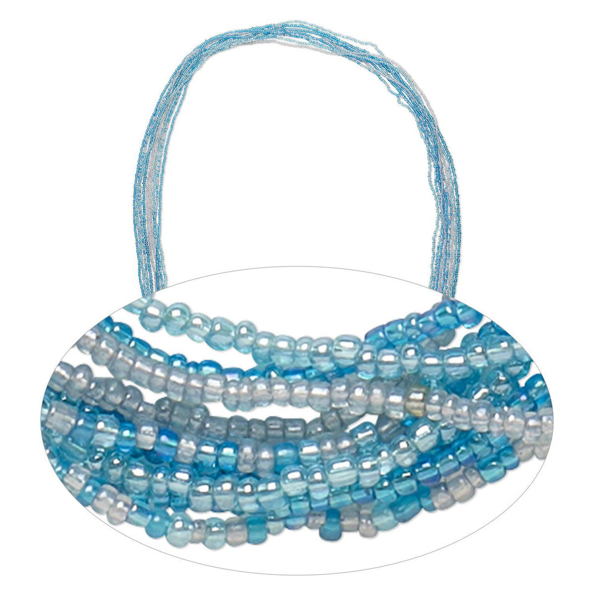 A multi-strand beaded necklace with a loop handle, featuring translucent light blue, aqua, and white beads on a plain white background.