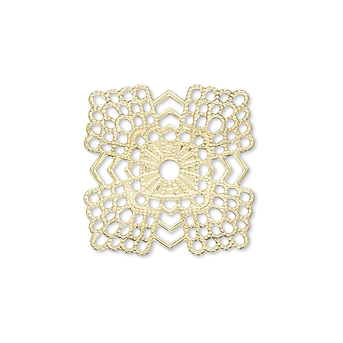 A single square gold-toned metal jewelry finding or pendant with an intricate openwork lace-like pattern and a central cutout, shown on a plain white background.