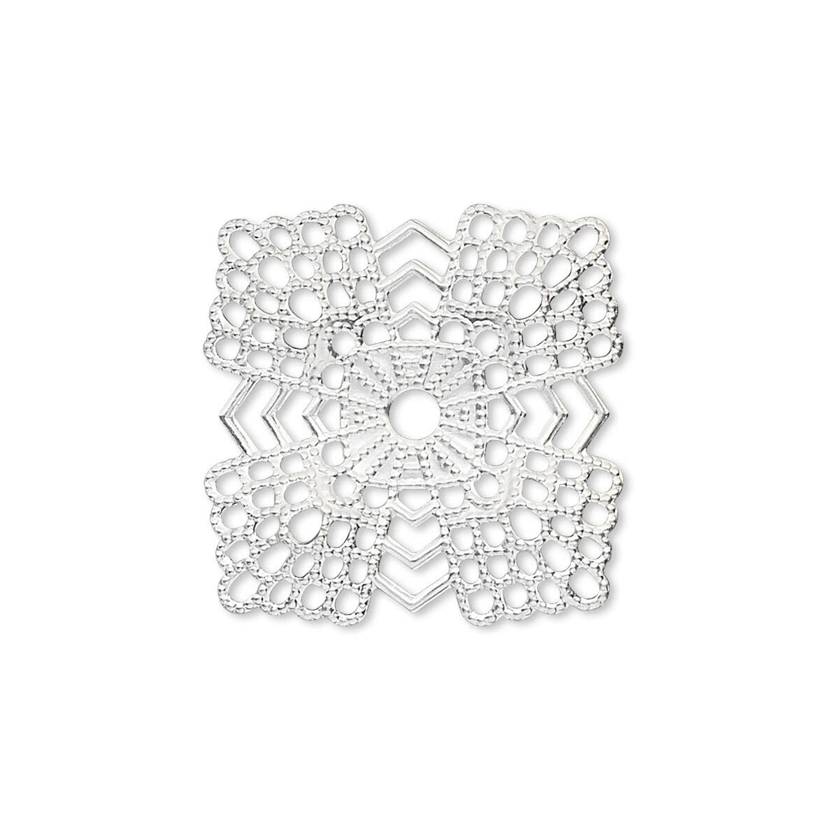 A square silver-toned metal charm with an intricate openwork lace pattern and a central cutout, shown on a plain white background.