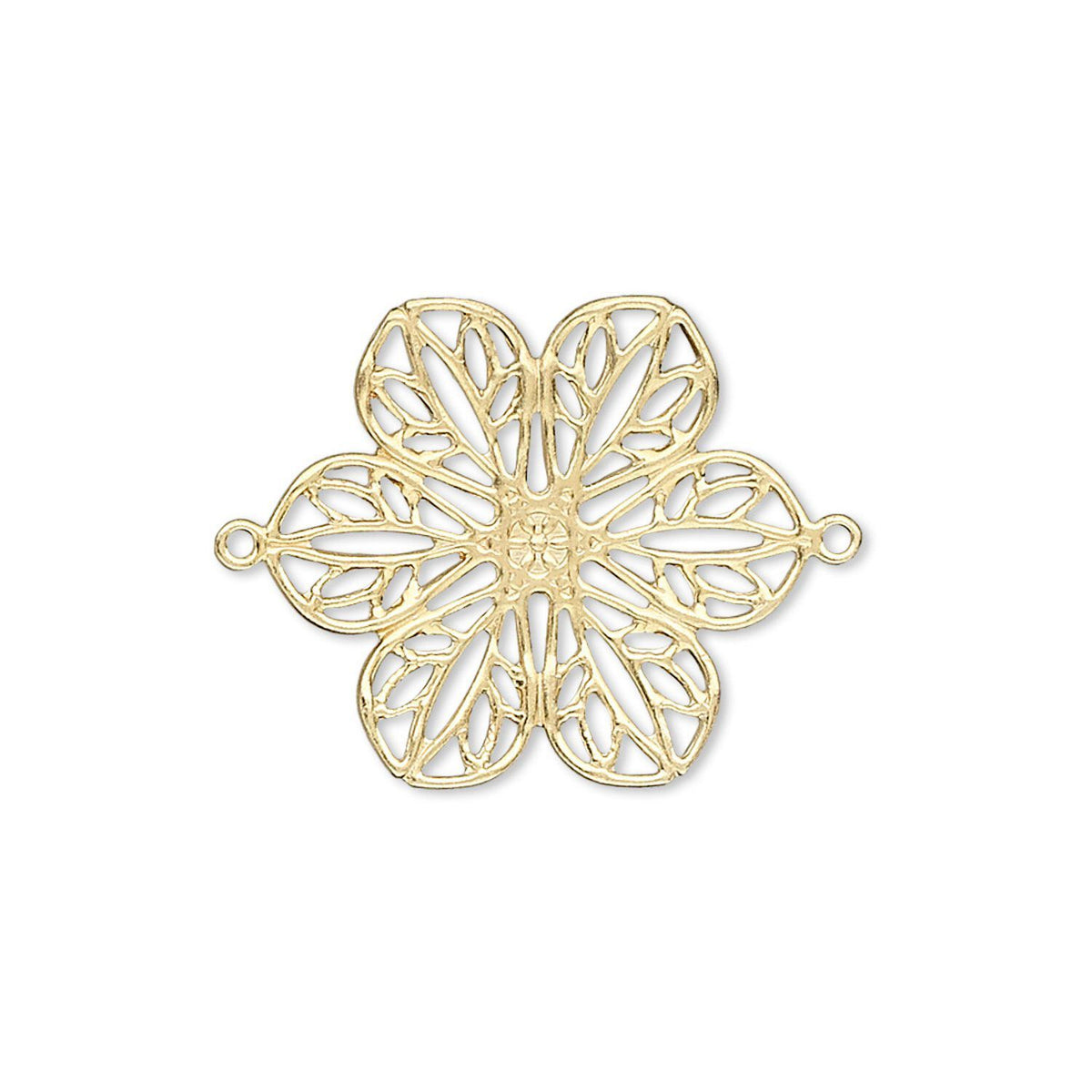 A gold filigree flower-shaped jewelry charm with five open petals and small loops on the sides, shown on a plain white background.