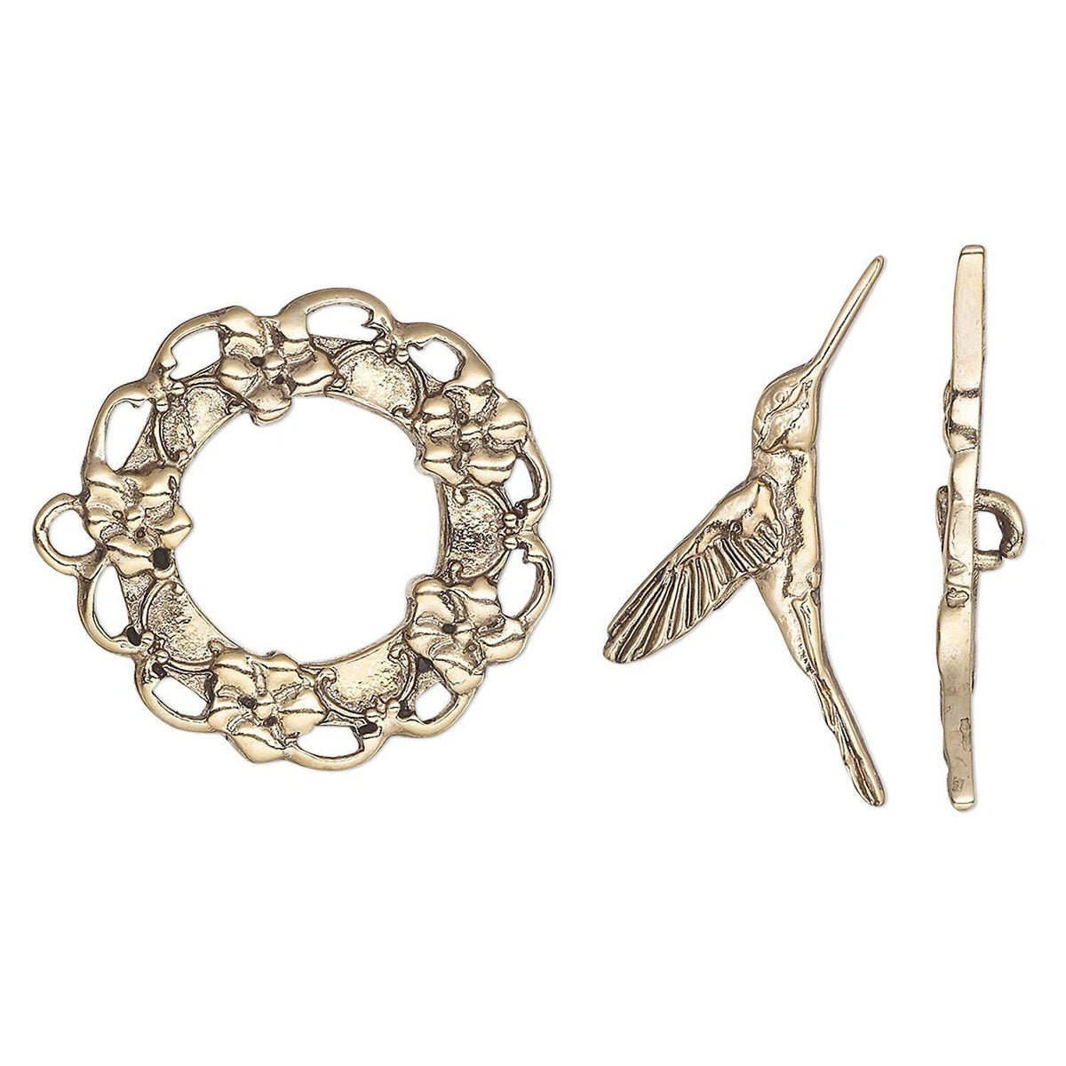 Antique GOLD metal toggle clasp set featuring a floral wreath ring, a hummingbird figure, and a flat bar with a small loop, shown on a plain white background.