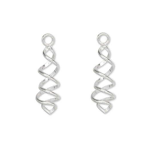 A pair of silver spiral drop earrings with a textured finish and a small circular loop at the top, shown on a plain white background.