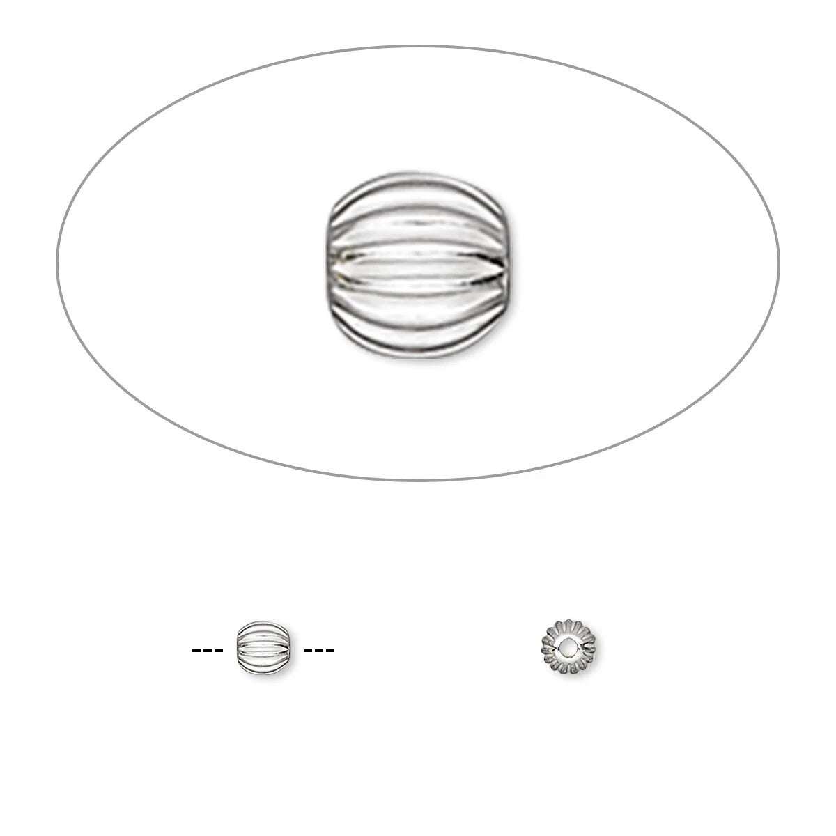 sterling silver metal bead with a ribbed, coiled outer surface, shown on a plain white background with two small side-view insets below.