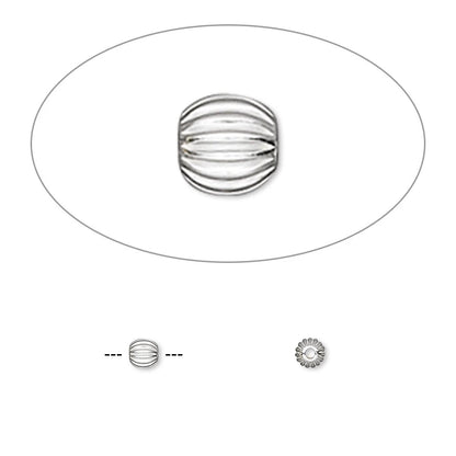 sterling silver metal bead with a ribbed, coiled outer surface, shown on a plain white background with two small side-view insets below.
