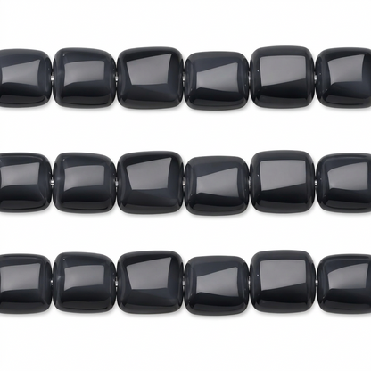 Three horizontal strands of glossy black rectangular beads with rounded corners, arranged on a plain white background.