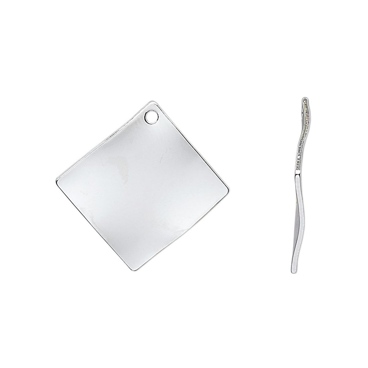 A silver square pendant with rounded corners and a small hanging hole, shown alongside a thin silver chain on a plain white background.