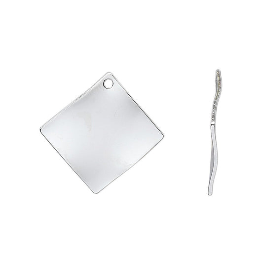A silver square pendant with rounded corners and a small hanging hole, shown alongside a thin silver chain on a plain white background.