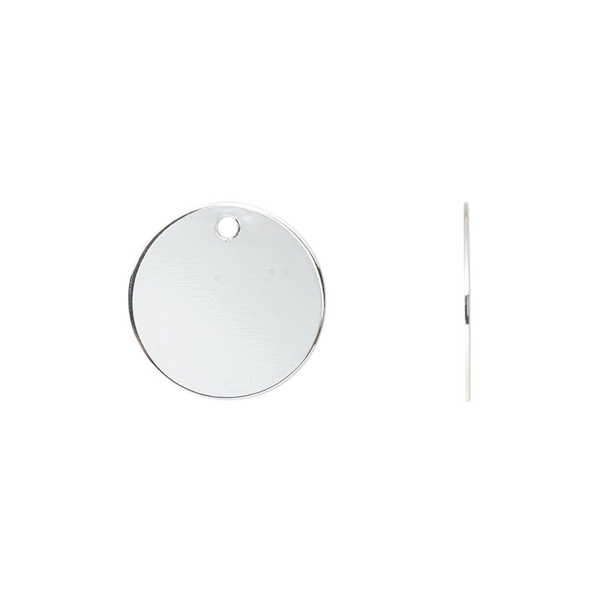 A blank round silver metal tag with a small hanging hole, shown from the front and side on a plain white background.