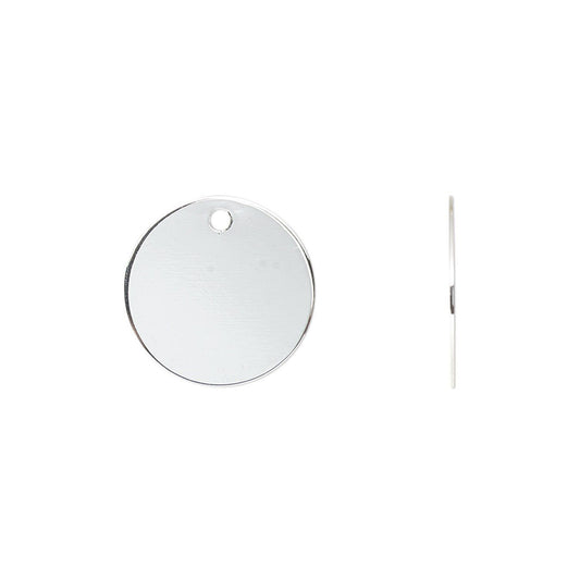 A blank round silver metal tag with a small hanging hole, shown from the front and side on a plain white background.