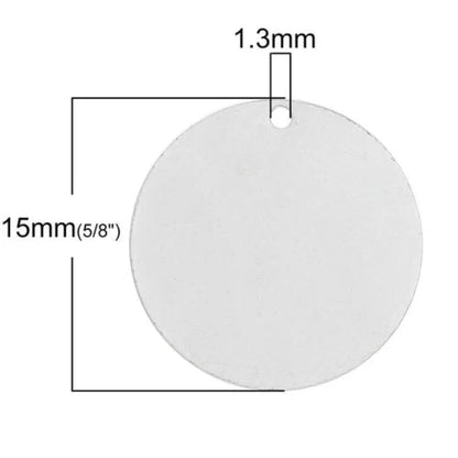 A plain round white tag or label with a small hole near the top, shown with dimension lines and text indicating a diameter of 15mm (5/8") and a hole width of 1.3mm on a white background.