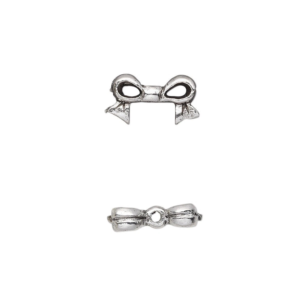 A pair of silver-toned metal bow charms shown from two angles (top and side views) on a plain white background.