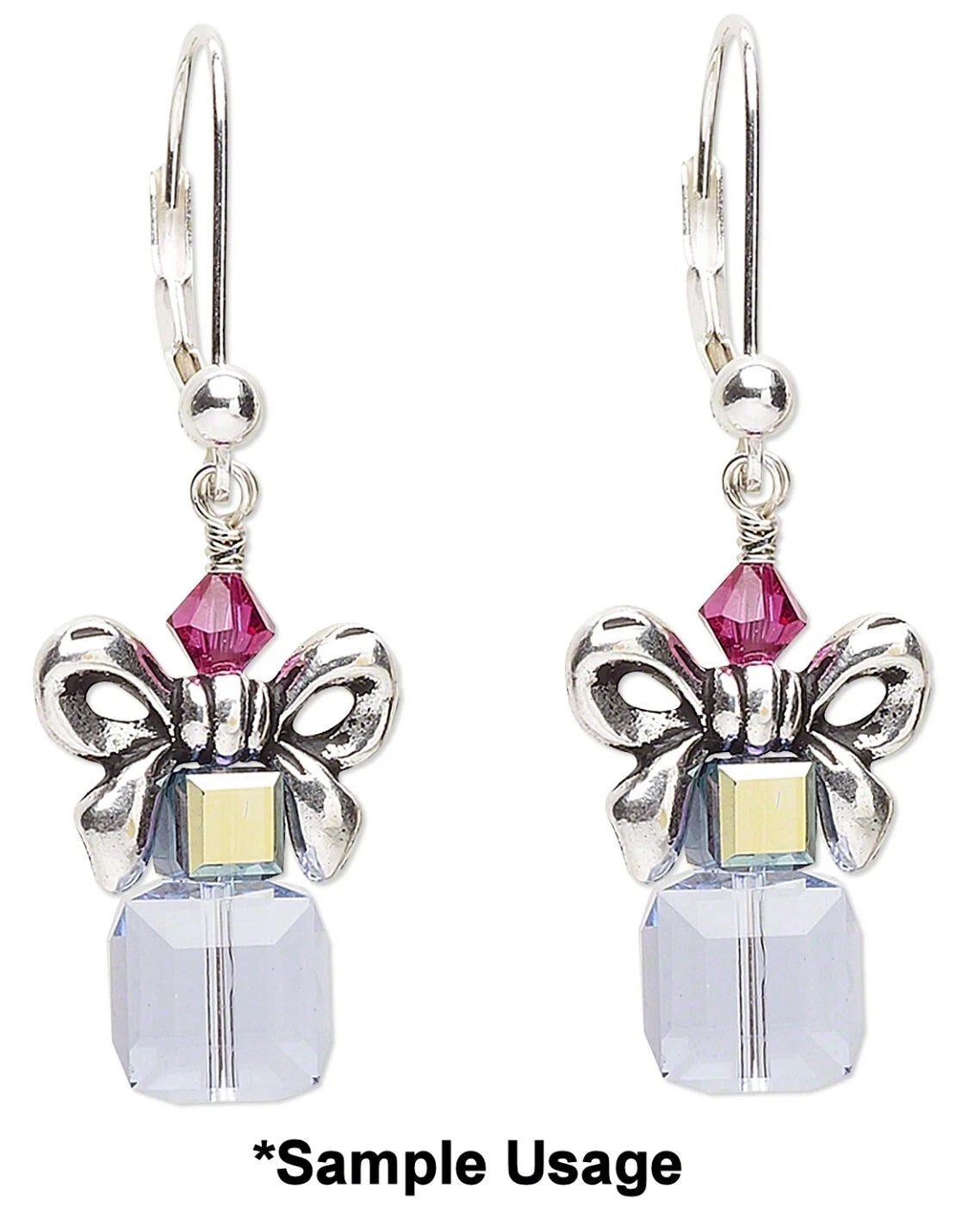 Silver bow-shaped earrings with pink gemstones and clear crystal drops on a white background.
