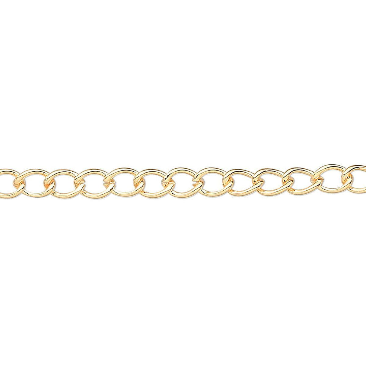 A close-up of a polished yellow gold curb chain with interlocking oval links, shown horizontally against a plain white background.