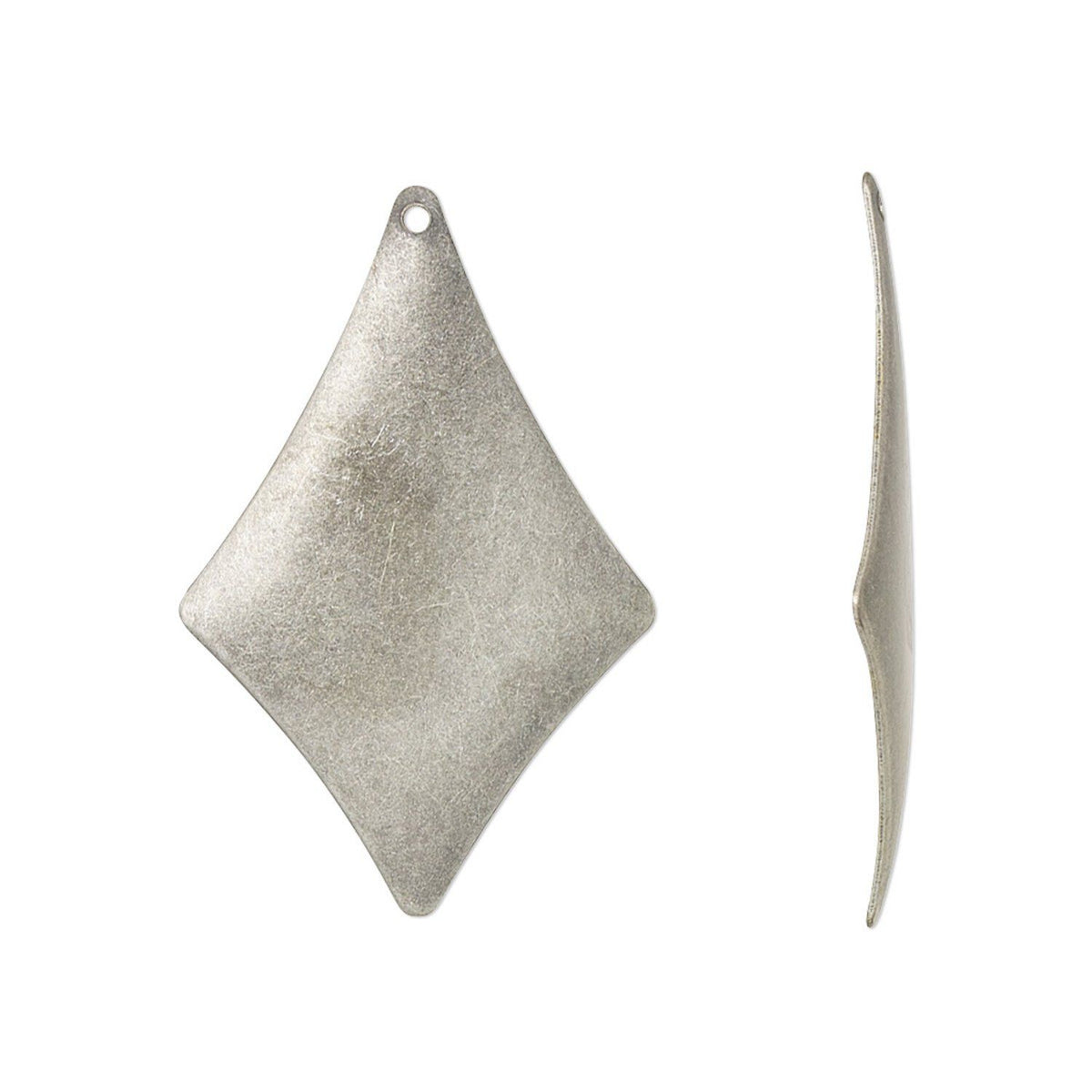 A silver-toned metal diamond-shaped pendant with a textured, oxidized finish, shown from a front-facing perspective alongside a side profile view on a plain white background.