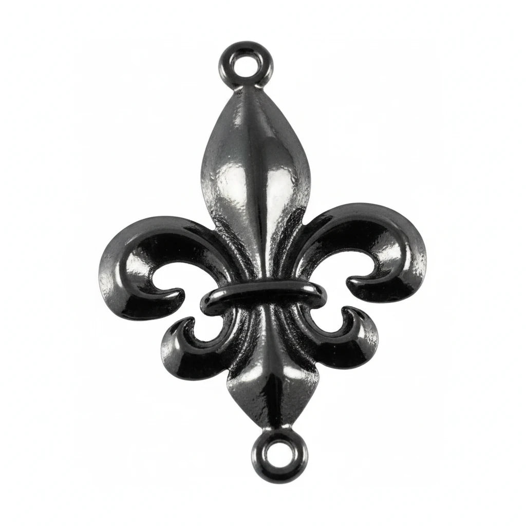 A glossy black metal fleur-de-lis jewelry charm with two attachment loops, shown on a plain white background.