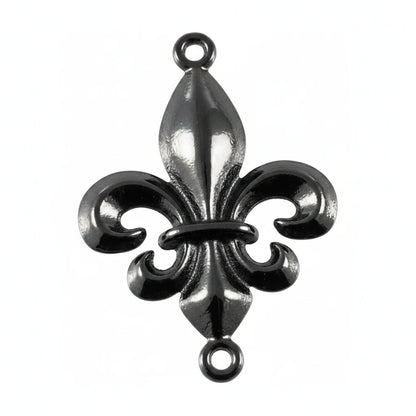 A glossy black metal fleur-de-lis jewelry charm with two attachment loops, shown on a plain white background.