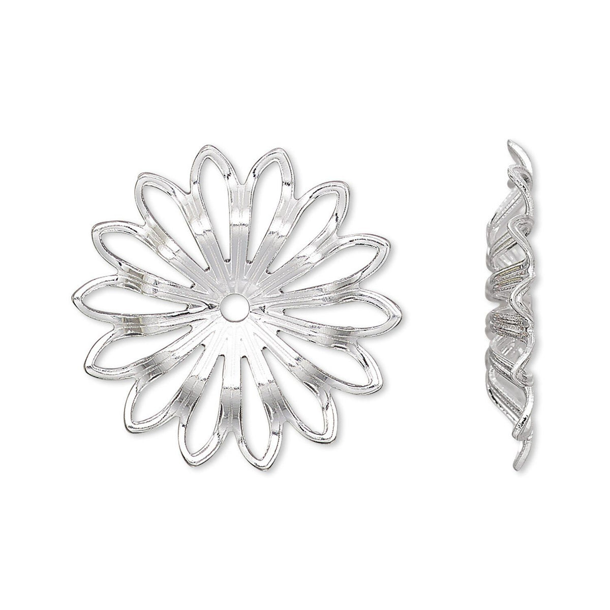 A silver metal flower-shaped connector with open petal-like loops and a twisted spiral end, shown on a plain white background.