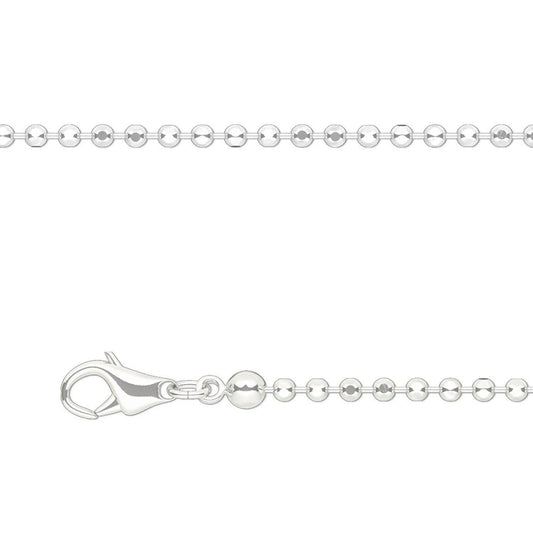 A silver-tone ball chain necklace with a lobster clasp, shown against a plain white background.