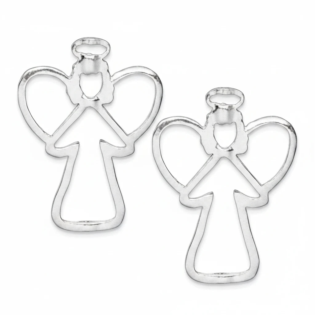 Two silver angel-shaped jewelry charms with halos and wings, displayed on a solid dark gray background.