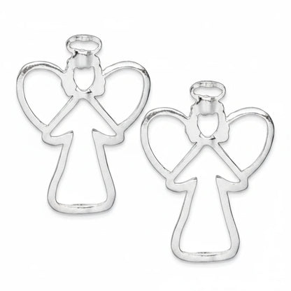 Two silver angel-shaped jewelry charms with halos and wings, displayed on a solid dark gray background.