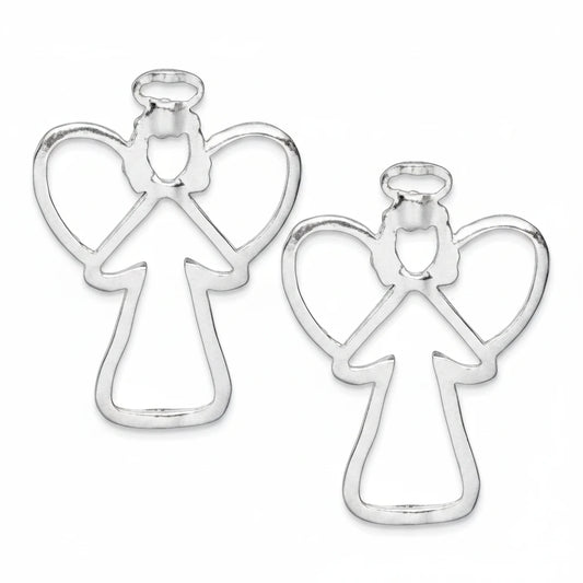 Two silver angel-shaped jewelry charms with halos and wings, displayed on a solid dark gray background.